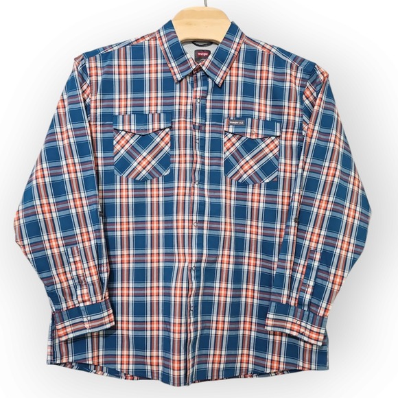 Wrangler Outdoor 2X Large Regular Fit‎ Blue Orange Plaid Snap Button LS Shirt - Picture 2 of 9